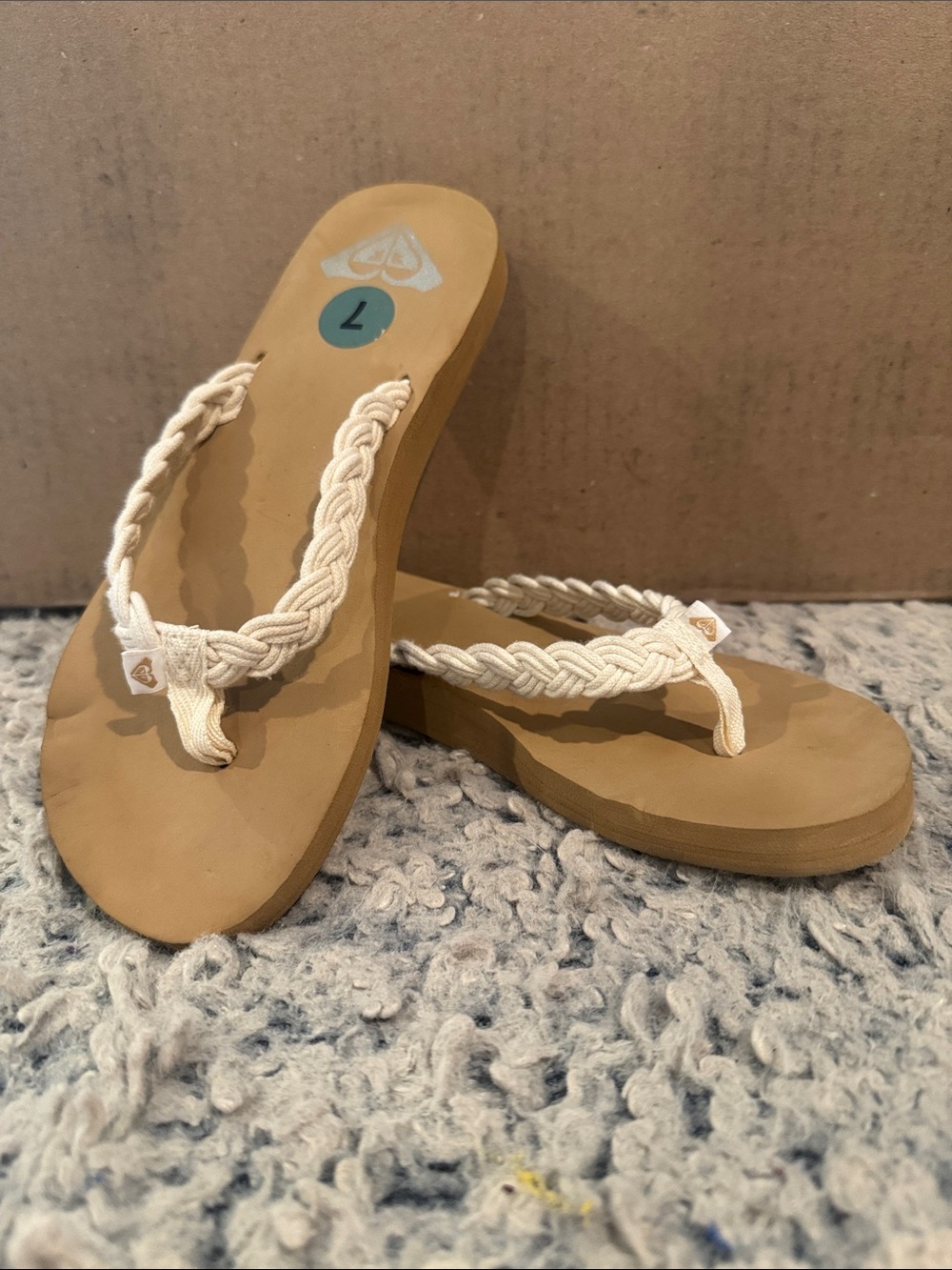 Roxy Women's Tan Footbed Sandals with Off-White Braided Straps